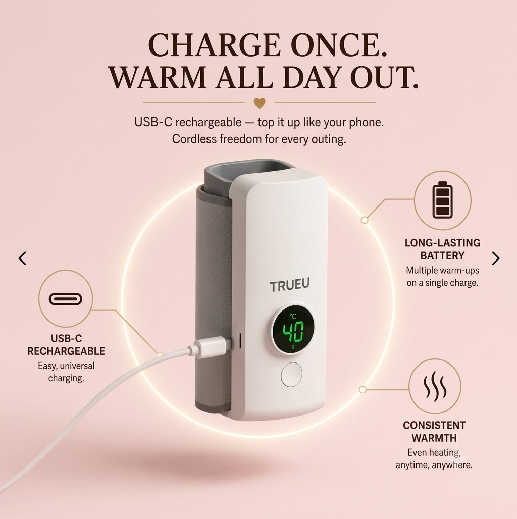 TrueU™ Portable Baby Bottle Warmer | Rechargeable & Temperature Controlled | 100% BPA Free
